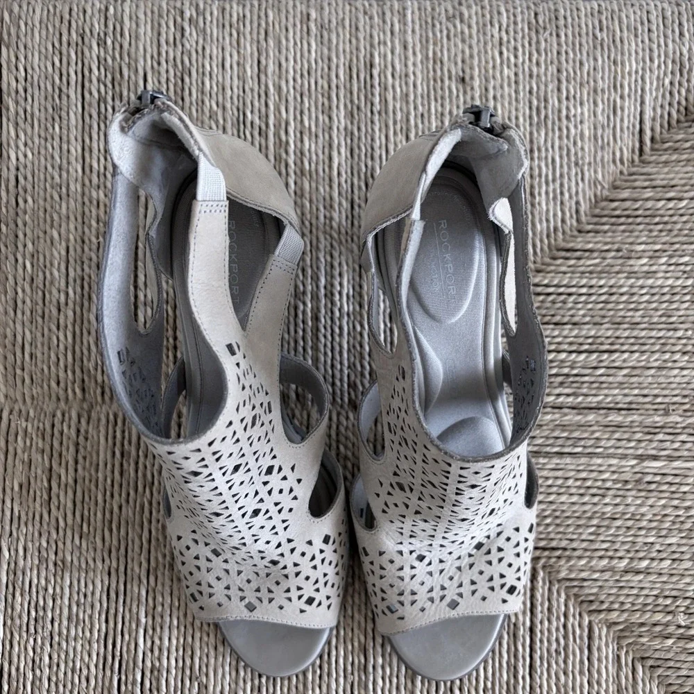 Rockport Taupe Suede Laser Cut Peep Toe Leather Ankle Bootie Heels Sz 8.5 EU‎ 39